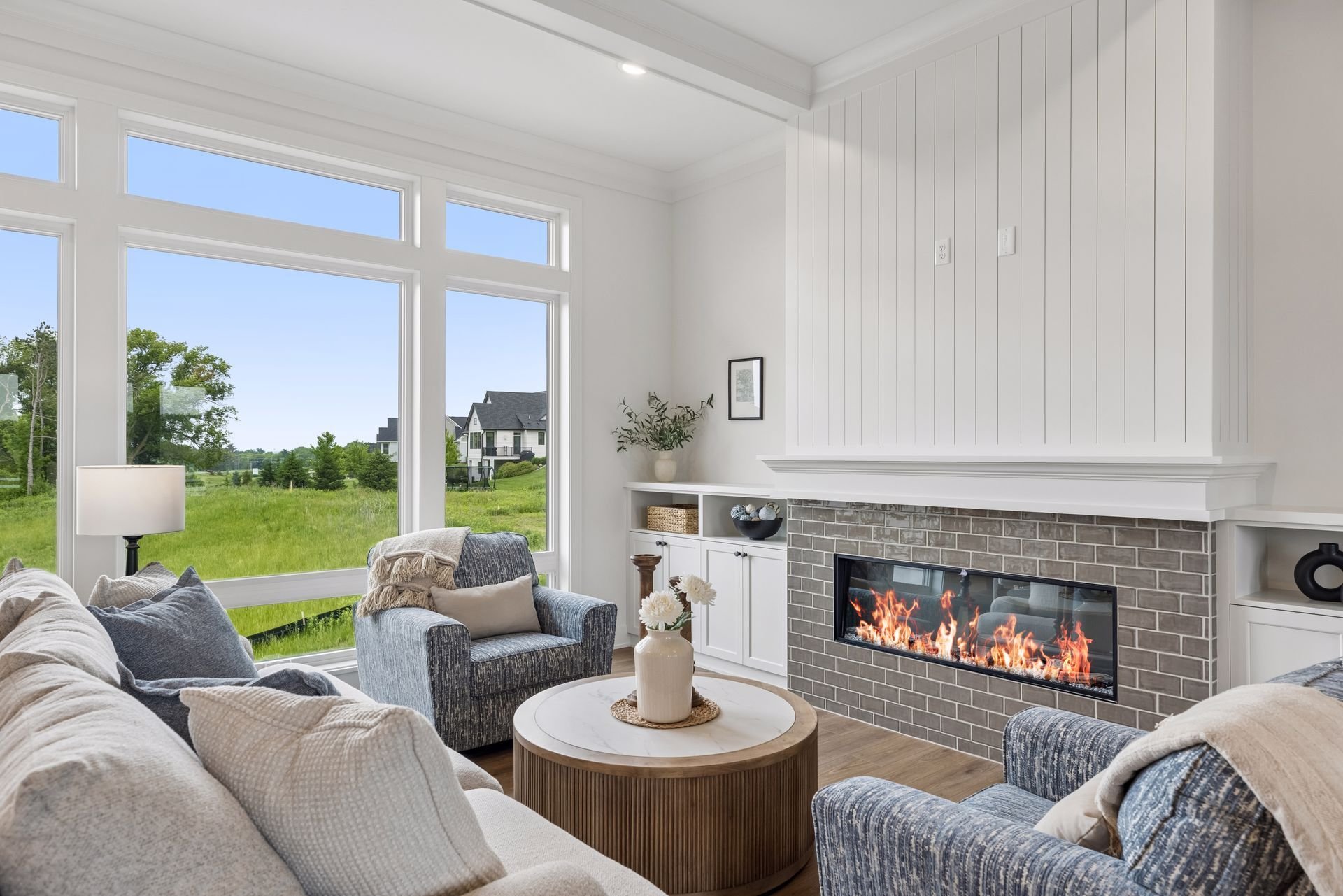 Fireplace and large windows
