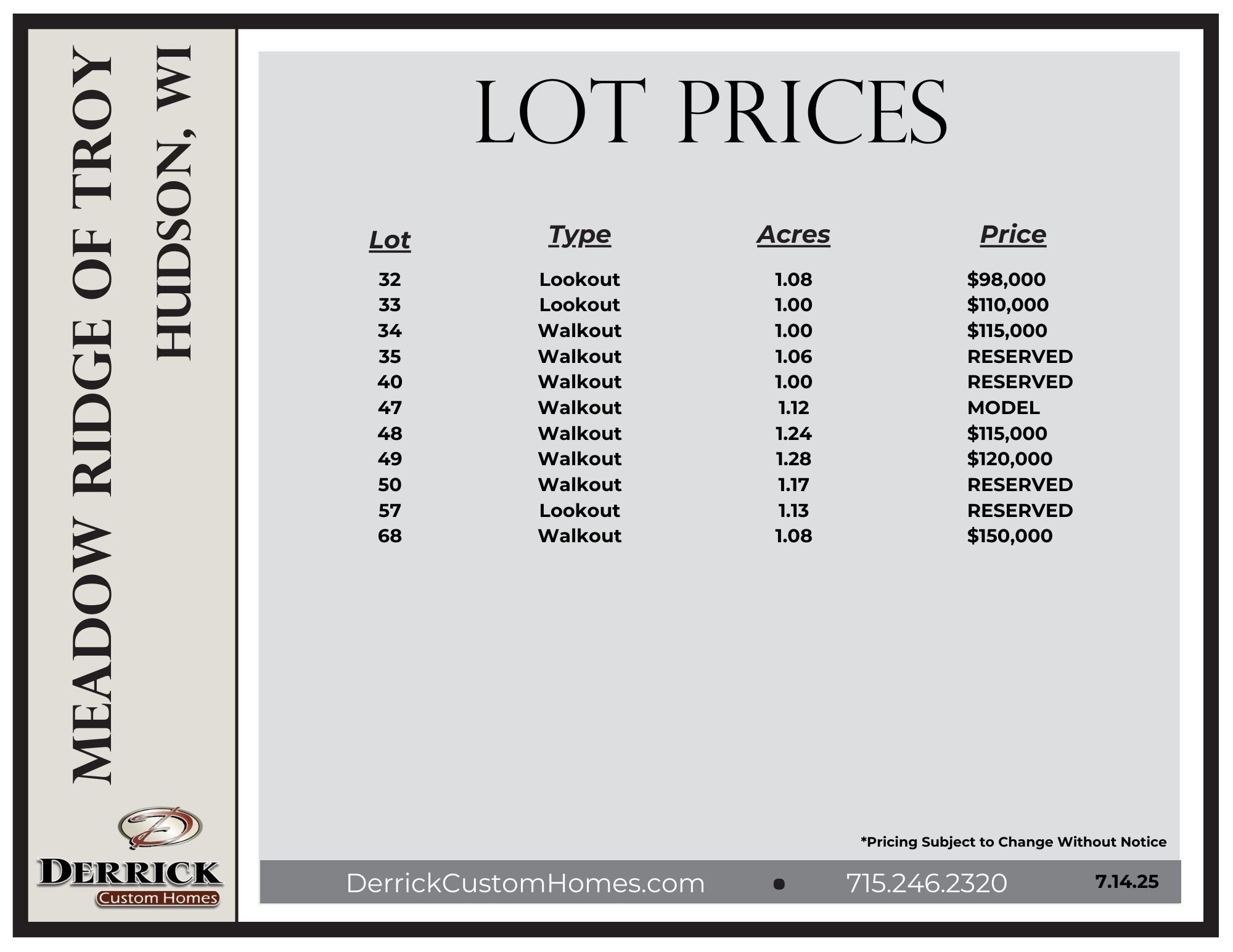 Lot Prices for Meadow Ridge of Troy Hudson WI