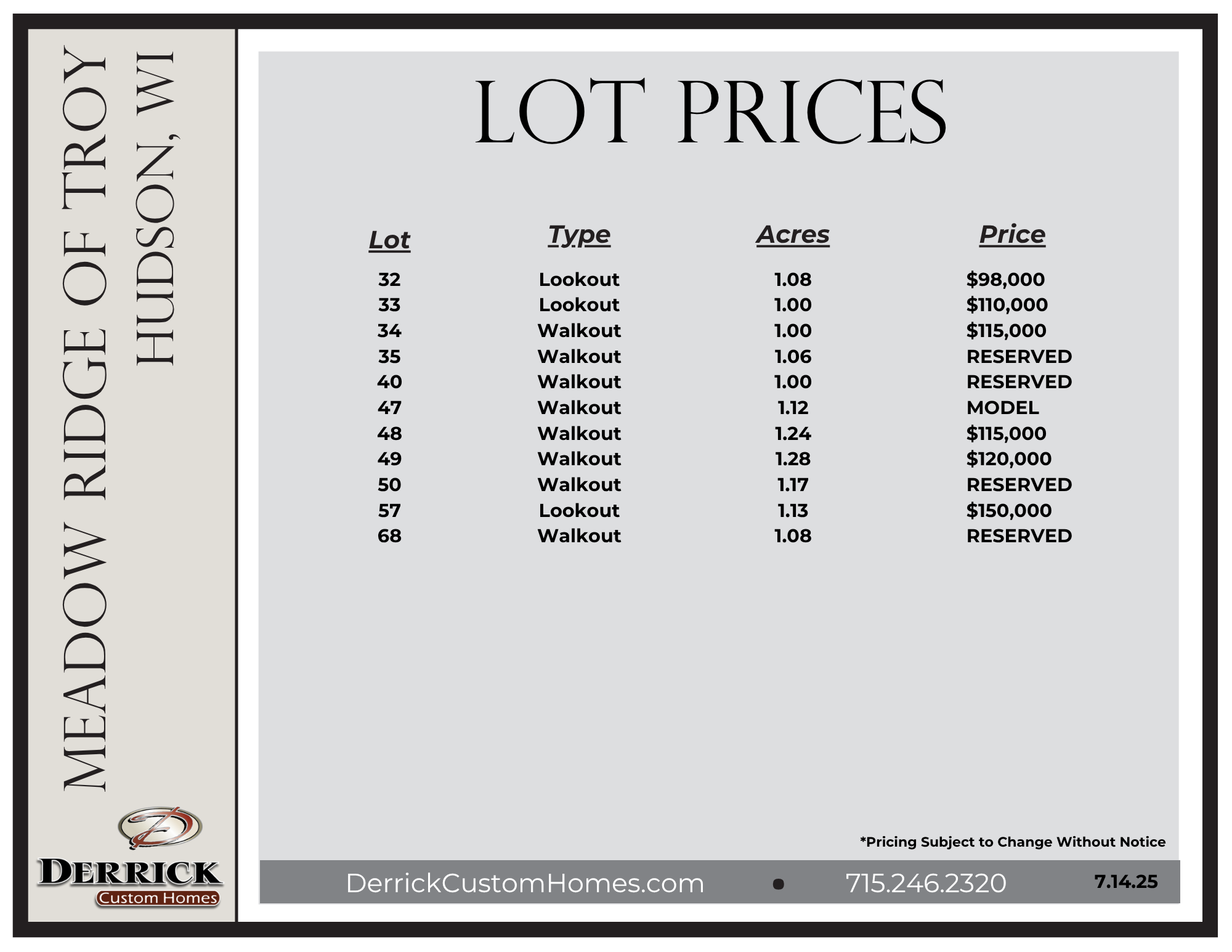 Lot Prices for Meadow Ridge of Troy Hudson WI