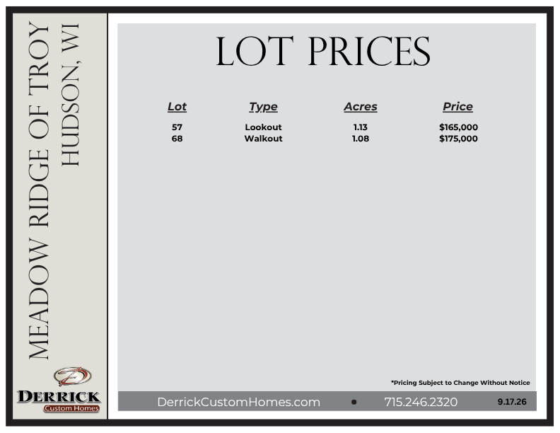 Lot prices for Meadow Ridge of Troy
