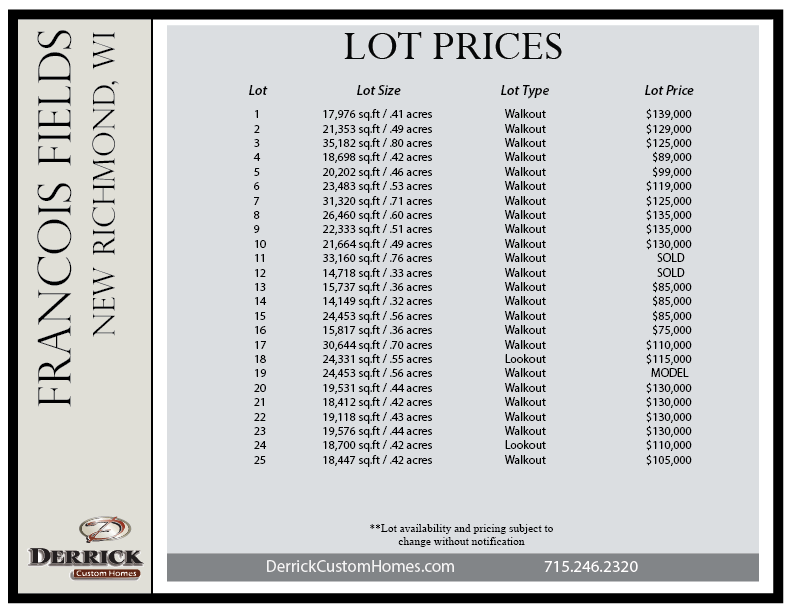 Francois Field Single Family Lot Prices