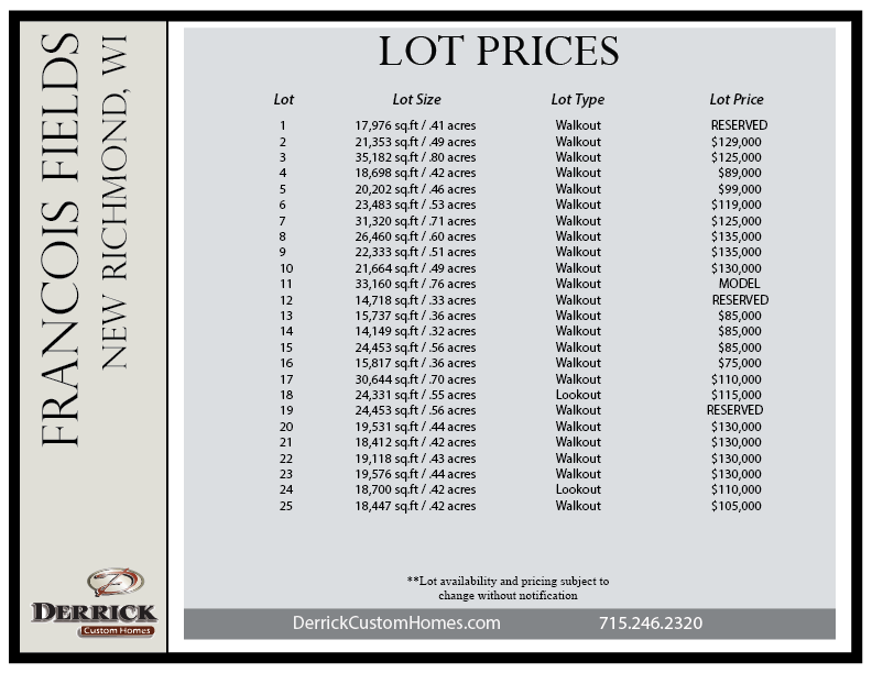 Francois Field Single Family Lot Prices