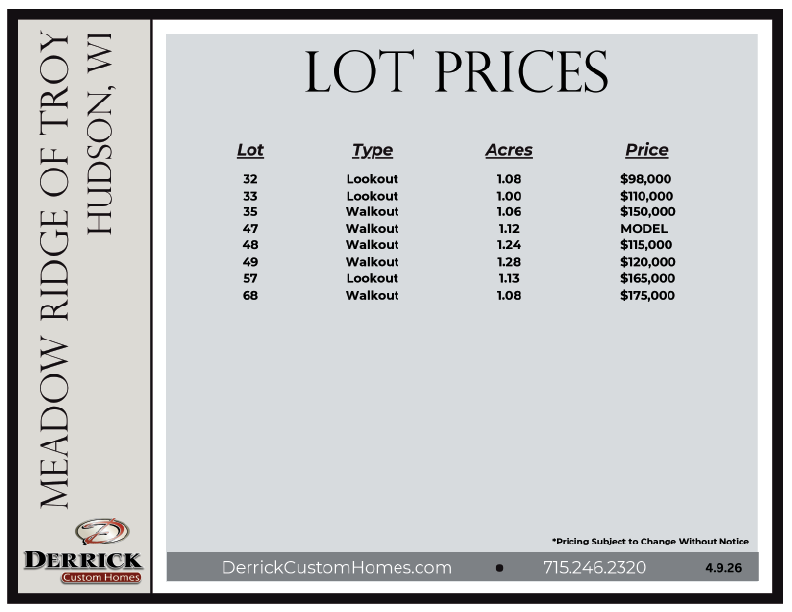 Lot Prices for Meadow Ridge of Troy Hudson WI
