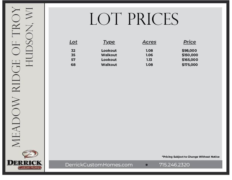 Lot prices for Meadow Ridge of Troy