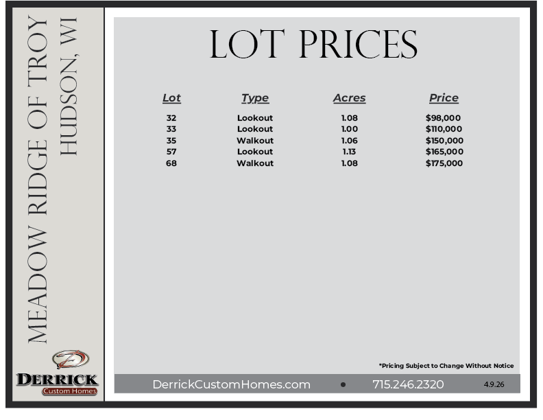 Lot prices for Meadow Ridge of Troy
