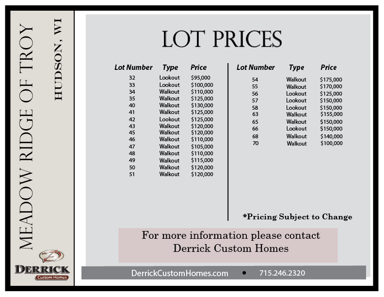 Lot Prices for Meadow Ridge of Troy Hudson WI
