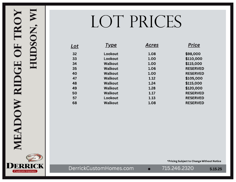 Lot Prices for Meadow Ridge of Troy Hudson WI