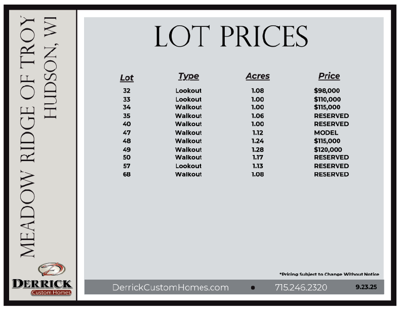Lot Prices for Meadow Ridge of Troy Hudson WI