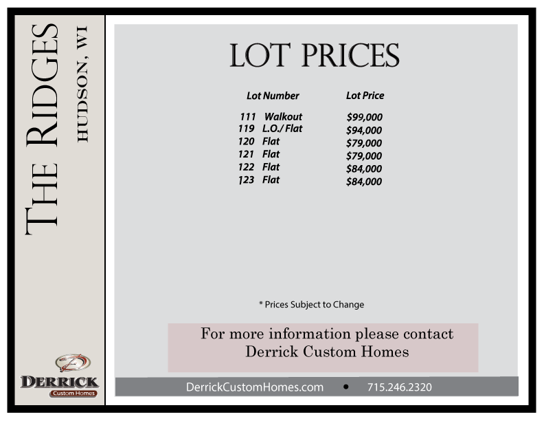 Lot Prices for Available Lots in The Ridges North Hudson Wisconsin